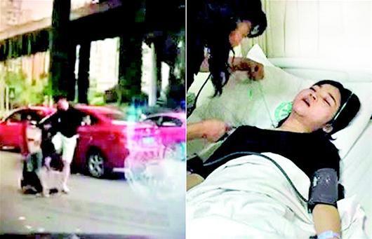 左为施暴现场，右为女司机受伤住院。