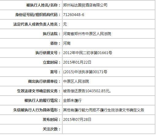 酒店拒还百万欠款 “中原第一高楼”列入黑名单