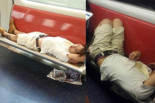 香港一男子横躺西铁座椅睡觉 网友大呼霸气(图)