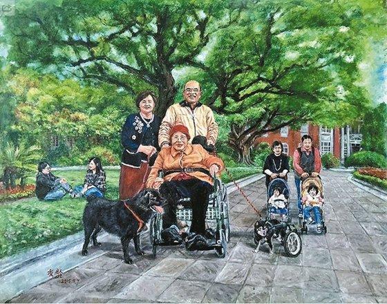 苏贞昌夫人詹秀龄新创作的油画《记忆的温度》，描绘一大家子人在一起的时光。《联合报》/苏贞昌脸书