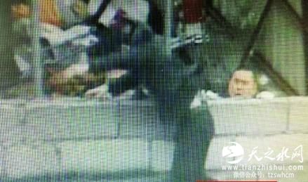 监控显示工人被扔出围墙外。记者 陈文才 摄