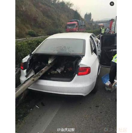 奥迪车被防护栏刺穿 司机和乘客当场死亡(图)