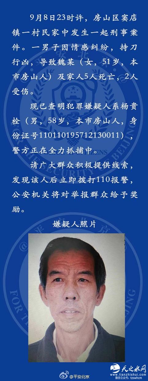 北京男子因情感纠纷行凶致5死2伤 嫌犯照片公布