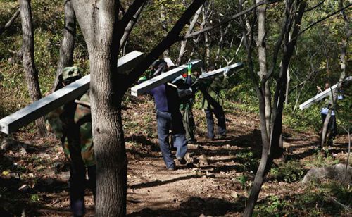 工程停工之后，当地村民正沿着林间小路，把刚运到长城上的水泥桩子运到山下。 受访者供图