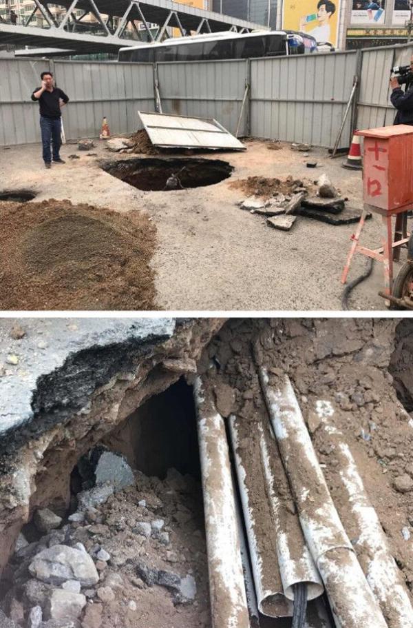 图为七里河区西站十字马路塌陷区域现场。微博@记者马骏 图