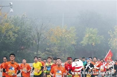 昨日，承德国际马拉松赛，选手在雾霾中比赛。新华社发