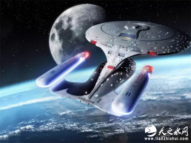 图13. 《星际迷航——下一代》剧集中的联邦星舰进取号（Star Ship Enterprise）。拥有前端盘子一样的碟形部和后端形似一双筷子的曲速引擎舱。