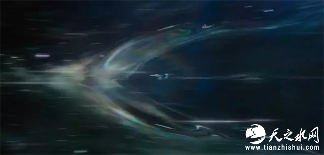 图15. 星际迷航电影中所表现的曲速泡和其中的进取号。周围的光因为空间扭曲而改变。