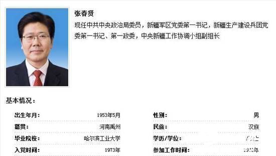 张春贤原来的任职资料