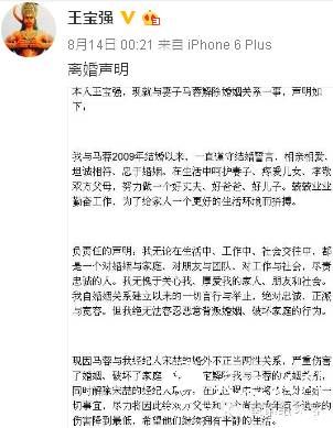 王宝强8月14日凌晨声明。 微博截图