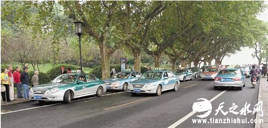 昨天中午，孤山路浙博门口停了不少候客的出租车。