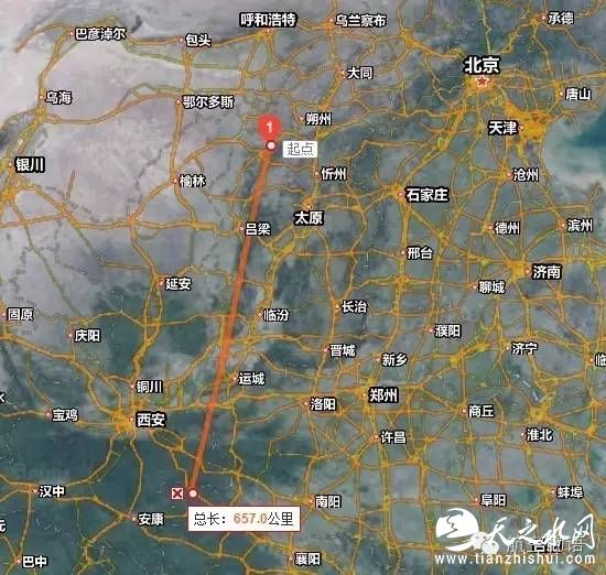 太原卫星发射中心常发射太阳同步轨道卫星，这类卫星向偏西方向飞行，“追逐”太阳前进，因而卫星下方的光照条件总是类似的，有利于气象、大地测绘等用途的光学观测。这是一次这类发射的火箭飞行轨迹，根据公开资料在百度地图上标注而成（里程为系统自带数据，无意义）