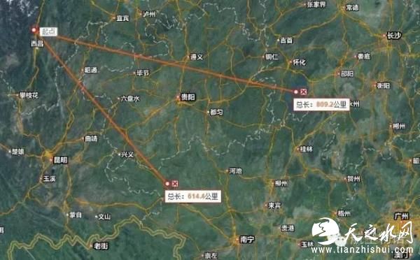 西昌卫星发射中心常发射地球同步轨道通信和导航卫星，以及中轨道导航卫星。这是2次朝向不同的发射，根据公开资料在百度地图上标注而成（里程为系统自带数据，无意义）