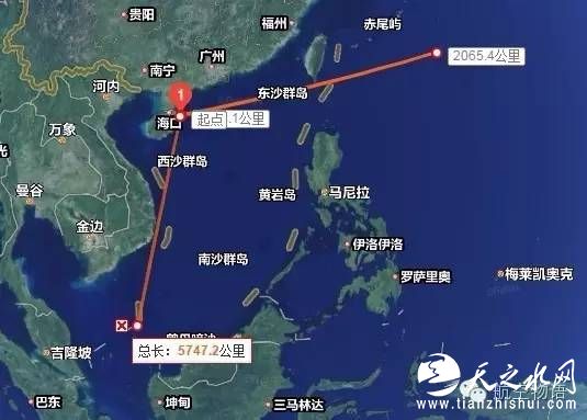 文昌航天发射场面对广阔的海洋，航天发射对地面影响较少，只需避开个别岛屿即可（由百度地图标注而成；里程为系统自带数据，无意义）