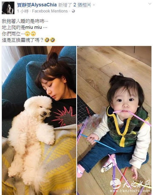 贾静雯怀胎九个月侧颜超美 咘咘淘气爱上玩吸管